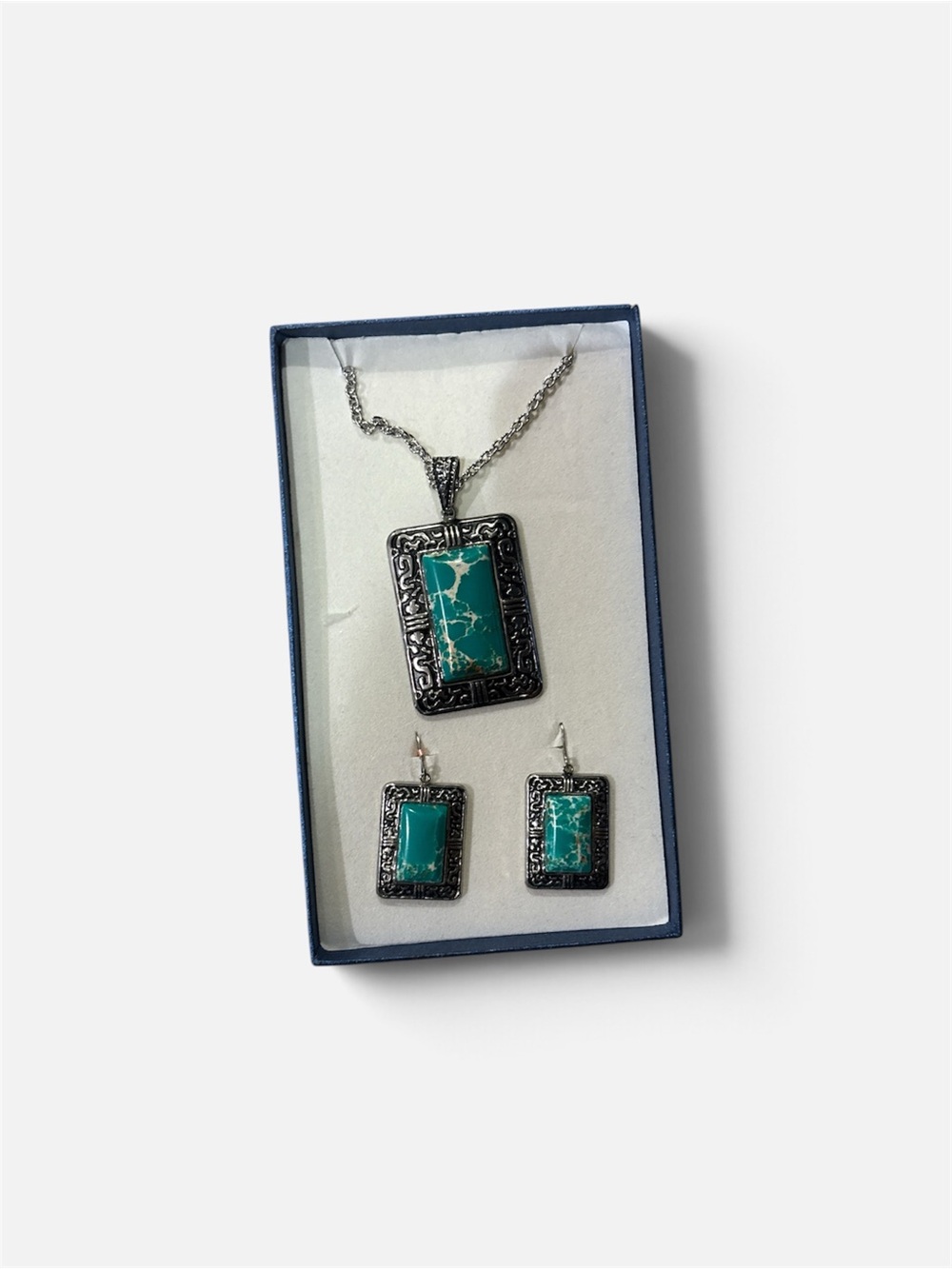 Turquoise Stone Rectangle Pendant Necklace & Earring Set
